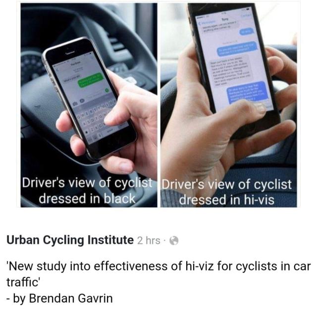 Driver's view of cyclist dressed in black versus dressed in hi-vis. Both views show the drivers smartphone while texting messages. Originally posted by Urban Cycling Institute 2 'New study into effectiveness of hi-viz for cyclists in car traffic' - by Brendan Gavrin