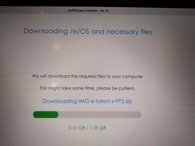 Photo of a computer screen stating Downloading /e/OS and necessary files
It shows the remaining file size still to download