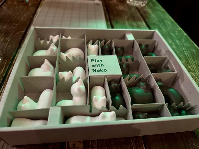 A look inside the box of Nego, where all of the pieces are placed meticulously in little squares. The design of the box is very intentional, and everything fits just right. 