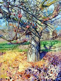 Bit abstract painting of a large leaveless tree with a thick light brown trunk and many branches, some with red flower ends, The tree is standing on soil that is covered with purple, yellow and green grass. Through the branches you see the light blue sky. 