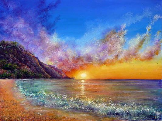 Bright coloured painting of a light brown beach on the left, and a bright light blue ocean on the right, with the red of the sky reflected in it, and coloured purple on the horizon. On the horizon on the left is a large dark brown rock with some colourful touches in it. The sky is coloured bright yellow and orange right above the horizon with a small bright light yellow sun. Above, the sky is blue and there is a layer of clouds that is coloured in shades of purple, brown, red and white. 