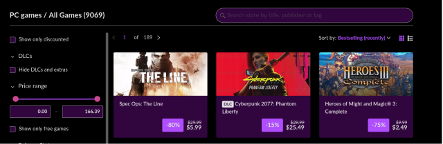 Best-selling games page on GOG.com.