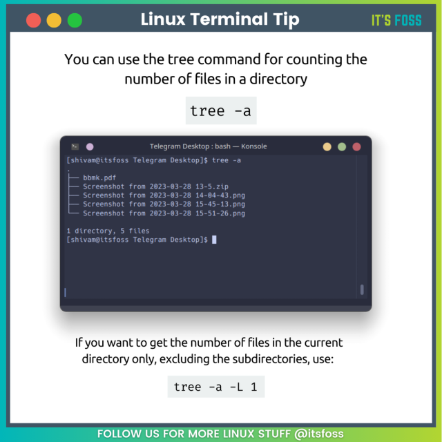 You can use the tree command for counting the number of files in a directory:

tree -a

If you want to get the number of files in the current directory only, excluding the subdirectories, use:

tree -a -L 1