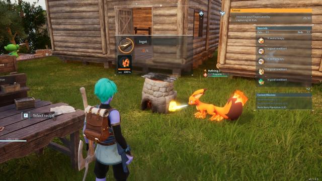 Palworld screenshot, my little fire fox friend lighting a fire to smelt some ingots