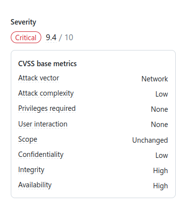 attack severity: critical (9.4/10)

attack vector - network
attack complexity - low
privileges required - none
user interaction - none
scope - unchanged
confidentiality - low
integrity - high
availability - high