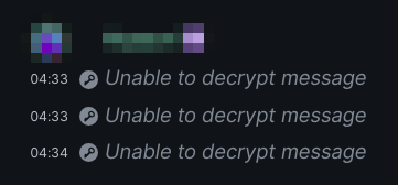 matrix screenshot of everyone's favourite "unable to decrypt message" error happening thrice