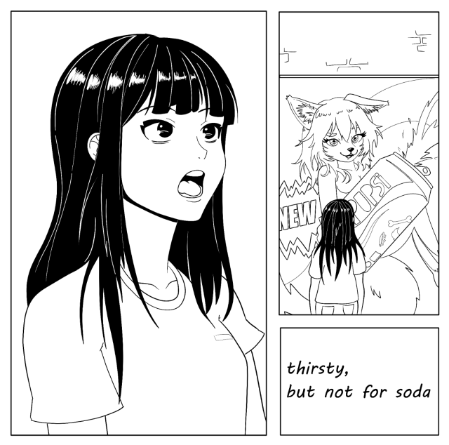 Black and white comic panel of girl looking at new pupsi furry soda advertisement. "Thirsty, but not for soda"