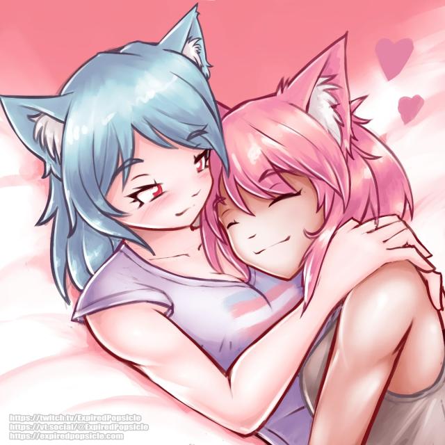 A digital illustration of two catgirls lying down, one resting on the other. The one on the bottom is wearing a t-shirt with a transgender pride flag on it. She has blue hair. The one on top has pink hair.