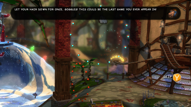nuts and bolts screenshot of a text dialogue. banjo says:

let your hair down for once, goggles! this could be the last game you ever appear in!