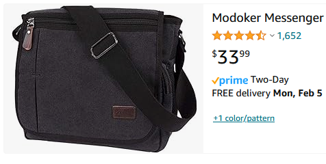 Amazon listing for "Modoker Messenger", a messenger bag. 