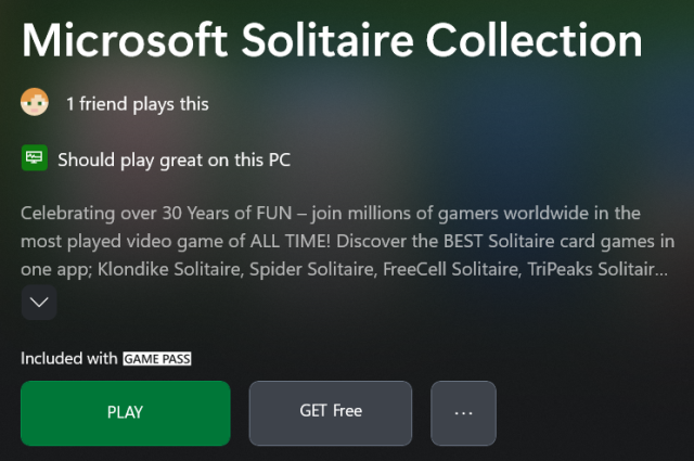 game pass app listing for microsoft solitaire collection. performance estimate says "should play great on this PC". labelled "included with game pass"
