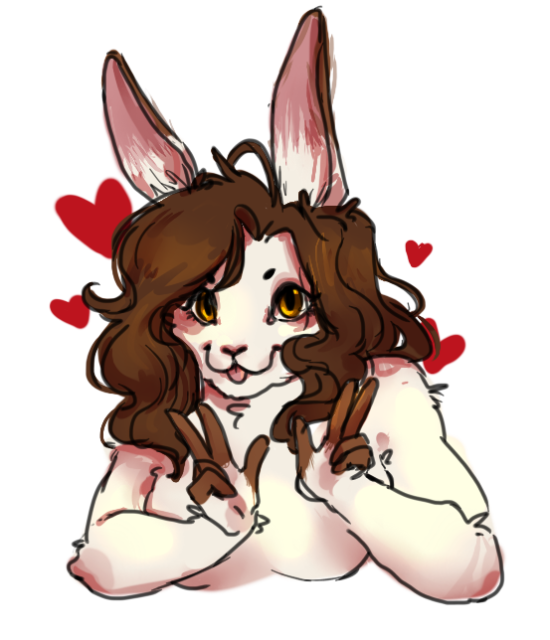 a drawing of lynnesbian's bune drawn by me surrounded by hearts and holding up two peace signs