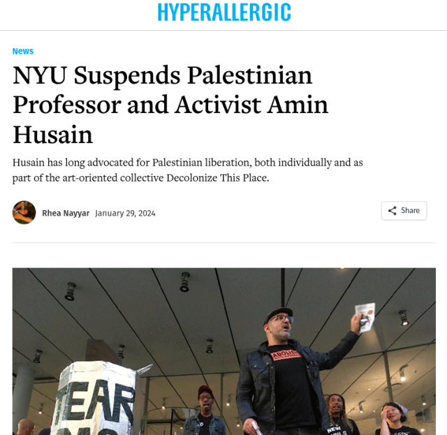 Hyperallergic website headline: "NYU Suspends Palestinian Professor and Activist Amin Husain" with photo of Husain at a protest.