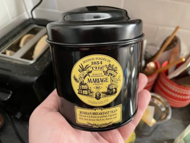 Russian breakfast tea from Mariage in a black metal tin. 