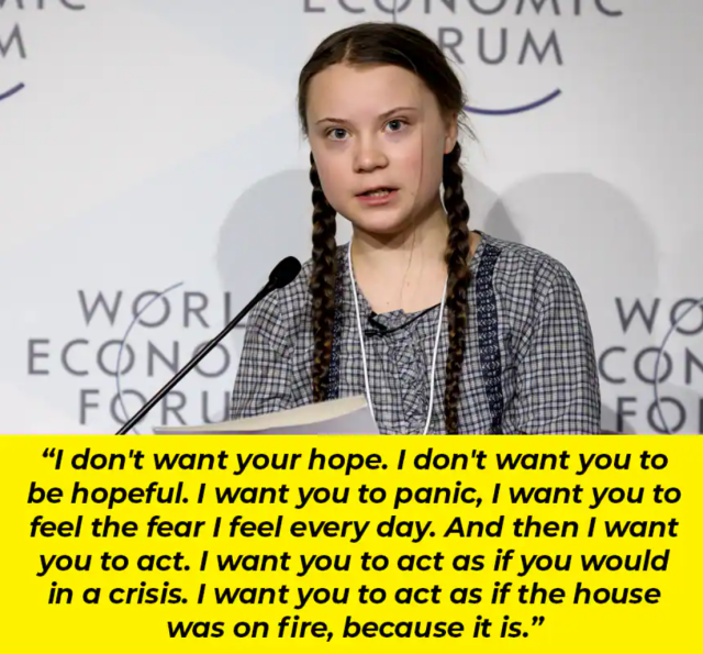 Greta Thunberg: "I don't want your hope. I don't want you to be hopeful. I want you to panic. I want you to feel the fear I feel every day. And then I want you to act. I want you to act as if you would in a crisis.  I want you to act as if the house was on fire, because it is."