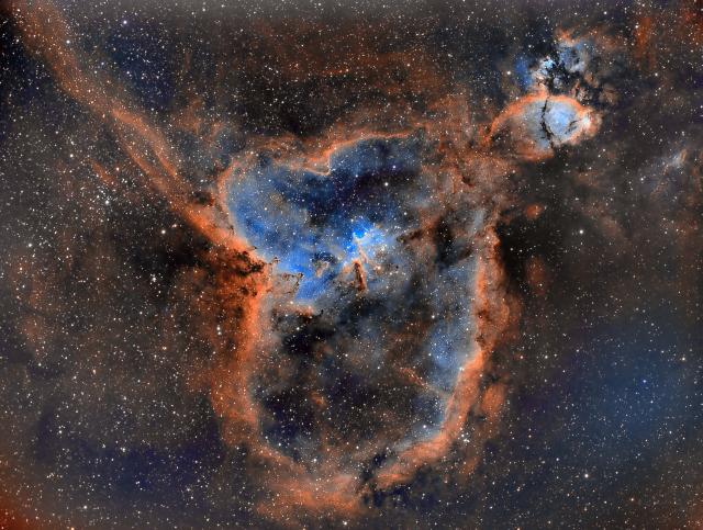 "Heart and Fishhead nebulae also includes: Cr30/Mel16/IC1824/NGC1027, IC1831, LBN646-48,50,55-57, and LDN1356,59-73."

Ram samudrala, CC BY 4.0, via Wikimedia Commons.
