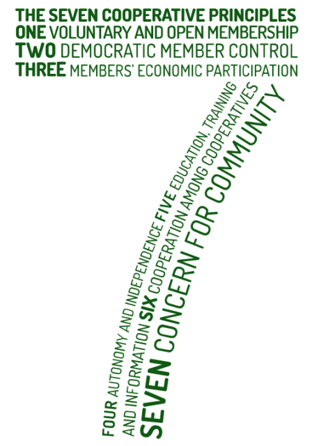 The 7 cooperative principles written out in the shape of a 7, and in green text