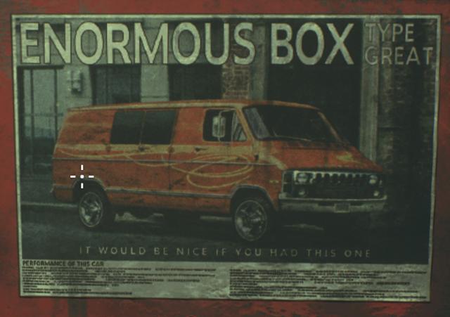 screenshot from re3make. it's an ad for a van that reads "ENORMOUS BOX - TYPE GREAT". there's a subtitle that says "it would be nice if you had this one"