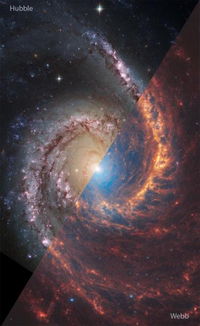 Spiral galaxy NGC 1566 is shown with an image from Hubble primarily in visible light on the upper left, and an image from Webb in primarily infrared light on the lower right. A rollover image shows the same galaxy with the Webb and Hubble parts reversed.