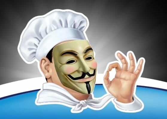 Vegeta logo with a chef in a chef's hat giving the OK sign, but with Guy Fawkes' mask superimposed on it.