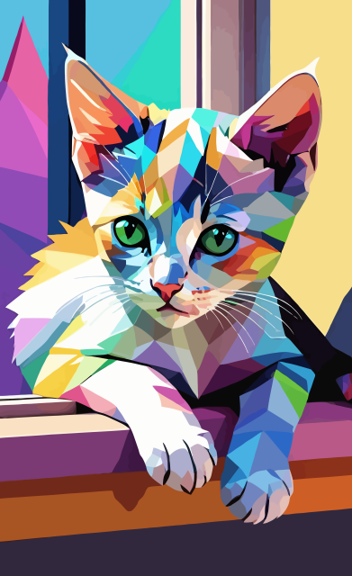 Colorful WPAP artwork of a playful kitten lounging on a windowsill. Geometric shapes and vibrant colors depict the relaxed feline in a modern, eye-catching style.

Buntes WPAP-Kunstwerk eines verspielten Kätzchens, das auf einer Fensterbank faulenzt. Geometrische Formen und leuchtende Farben zeigen die entspannte Katze in einem modernen, auffälligen Stil.