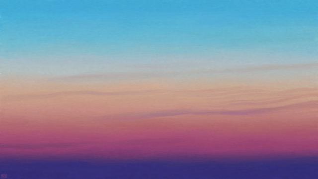 Digital painting of a sunset sky, a gradient of bright blue to indigo through orange and pink. There are discrete cirrus stretching out across the frame.
