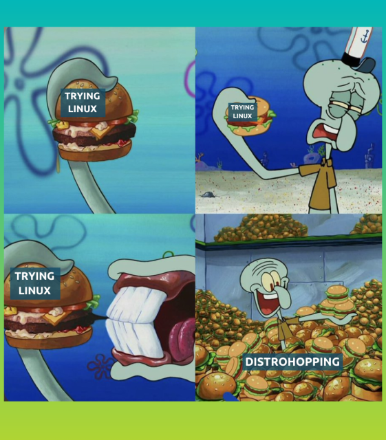 There are four panels to this meme:

First panel says trying Linux written on a burger in a person's hand.

Second panel is the person's unwillingness to try it out.

Third panel has them eating a very tiny bite.

Fourth panel shows them flooded with burgers. It says "Distrohopping".