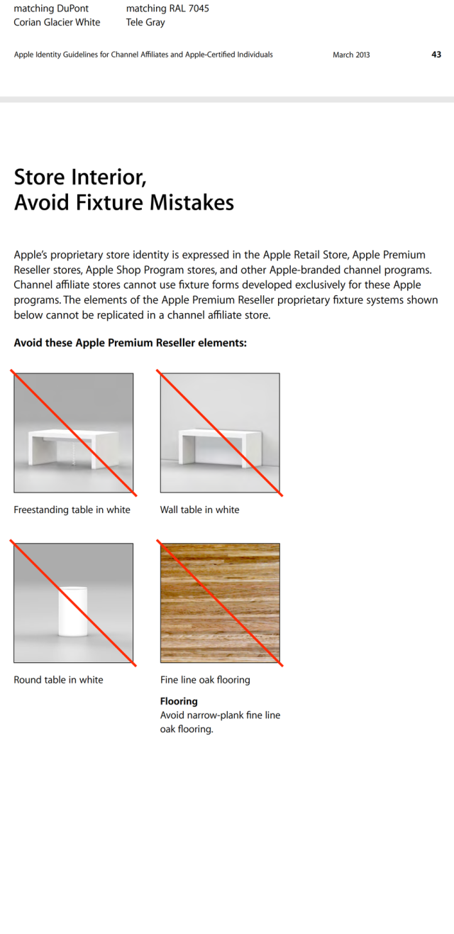 apple store guidelines telling you not to use white freestanding or cylindrical tables, or narrow plank fine line oak flooring