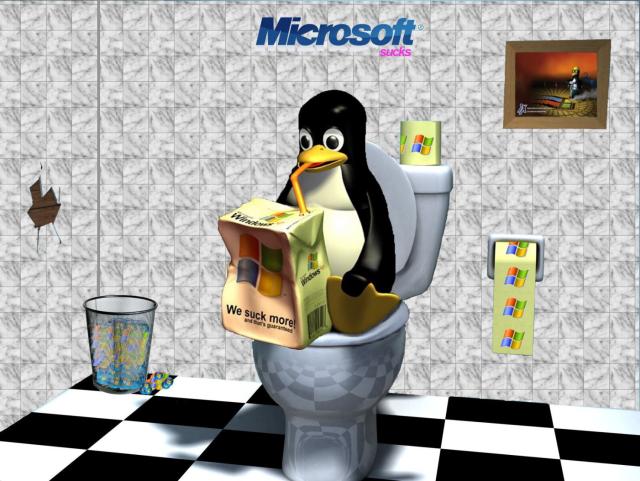 3d tux sitting on a toilet drinking a windows xp drink labelled "we suck more" with windows xp toilet paper and windows xp rubbish in the bin
