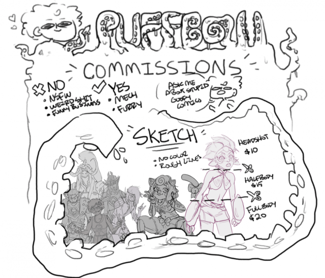 my commission sheet. I don't do nsfw, but I do do furries and mech. 
10 dollars for a sketch headshot, 20 for halfbody, 30 for fullbody