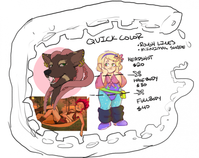 quick color rates
20 dollars for a colored headshot, 30 for halfbody, 40 for fullbody