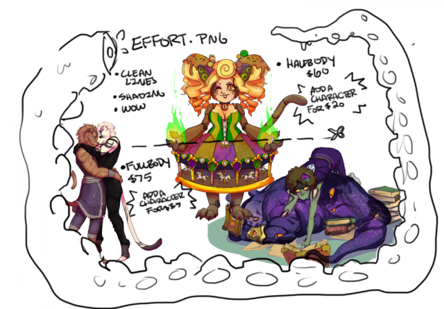 fully rendered rates 
60 dollars for a halfbody, with +20 for other characters 75 for a fullbody, +30 for other chararacters