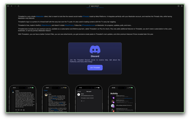 The same "Discord" section as in the Threaded app, but on the about website