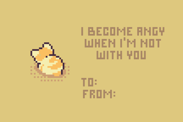 A Pixel Art of a cat facing the opposite direction from the camera, in a loaf position. There's a quote that says "I become angry when I'm not with you" at the side.