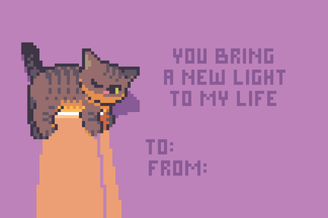 A Pixel Art about a cat with a belly that's shining very brightly, and is illuminating the area below them. There's a quote that says "You bring a new light to my life" at the side.