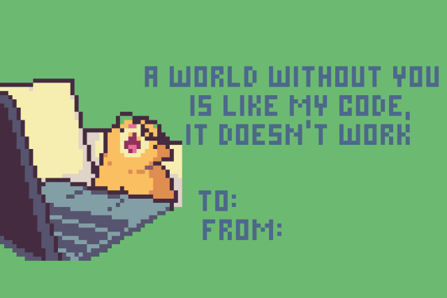 A Pixel Art about a cat sitting in front of a laptop, while screaming out of their lungs. There's a quote that says "A world without you is like my code, it doesn't work" at the side.
