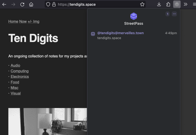screenshot of my website in firefox with the streetpass plugin open and showing the connection to my fedi profile