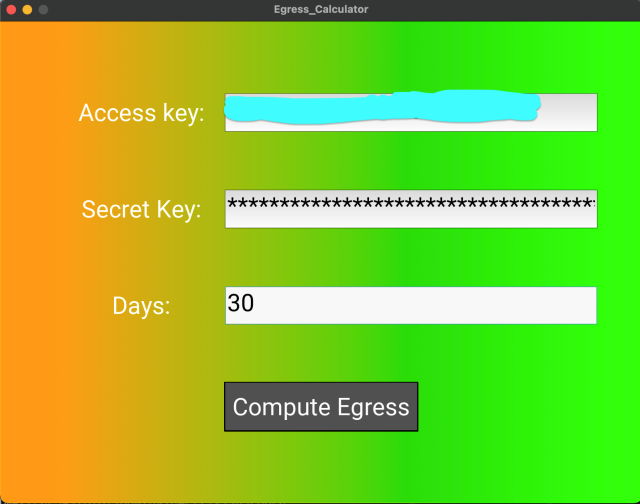 wasabi egress calculator app. the background is an orange-green gradient. it looks hideous