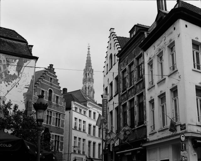 A black and white photo of various buildings.