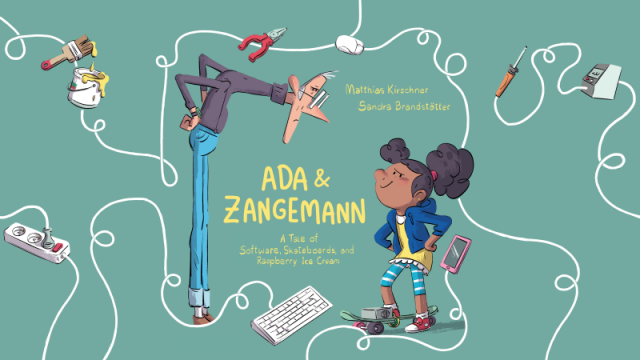 The book cover featuring an illustration of a young girl, Ada, standing opposite an older person, Zangemann.