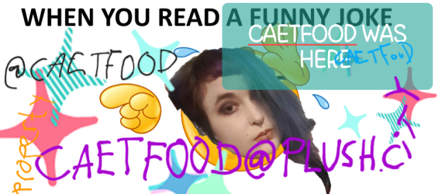 I ruined the template with sparkle stickers and drawn on text saying my complete fedi instance name that even goes around the corner, and a cut out of my face in the middle, looking bored as you look while scrolling the web. There's also a teal overlay box saying caetfood was here in a font similar to comic sans and at the left there's a barely visible orange text that says property and my @ is there