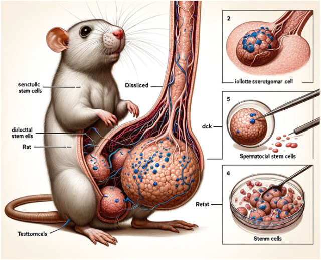 An image from Guo et al., supposedly illustrating the generation of stem cells from rat testes. It was generated in Midjourney and the authors did not even bother to label the gibberish labels (let alone correct the grotesque anatomical implausibilities). 