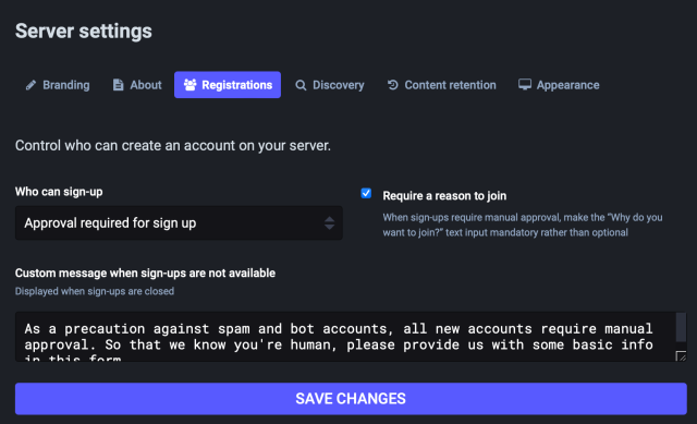 A screenshot of the Registrations part of Mastodon's Server Settings.