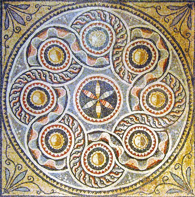 "Gaziantep Archaeological Museum Geometric patterned mosaic from a floor mosaic in the bedroom of the Dionysus Villa in 2005."

Dosseman, CC BY-SA 4.0, via Wikimedia Commons. Color edits.