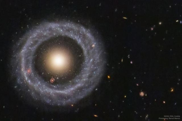 A nearly perfect circular ring of blue stars is seen against a dark field of small background galaxies. In the center of the ring is a ball of yellow stars.