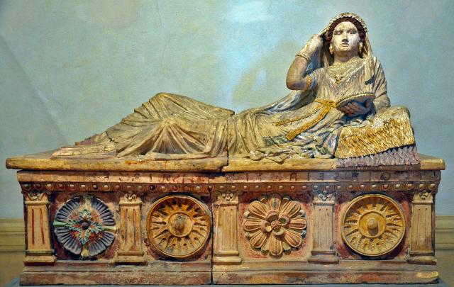 "Etruscan Terracotta Sarcophagus of Larthia Seianti."

Carole Raddato from FRANKFURT, Germany, CC BY-SA 2.0, via Wikimedia Commons. Color edits.