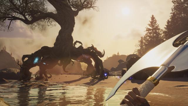 Nightingale screenshot - wielding an axe against what looks like a deadly walking tree