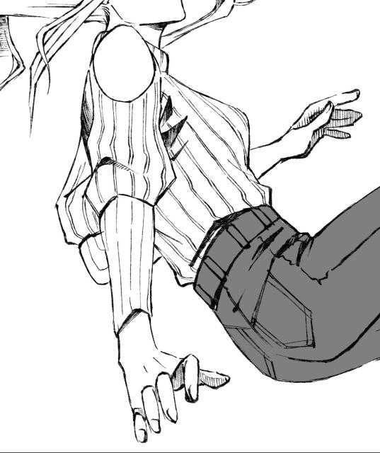 Ink sketch of a young woman. She‘s wearing a sweater and jeans. Her head is not visible.