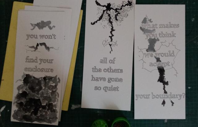 Three artworks on paper, black ink hand drawn letters and shapes, some painted in, that are lichen but look like rocks or rivers.