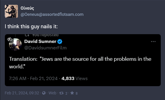 I think this guy nails it: David Summer: Translation: "Jews are the source for all the problems in the world."